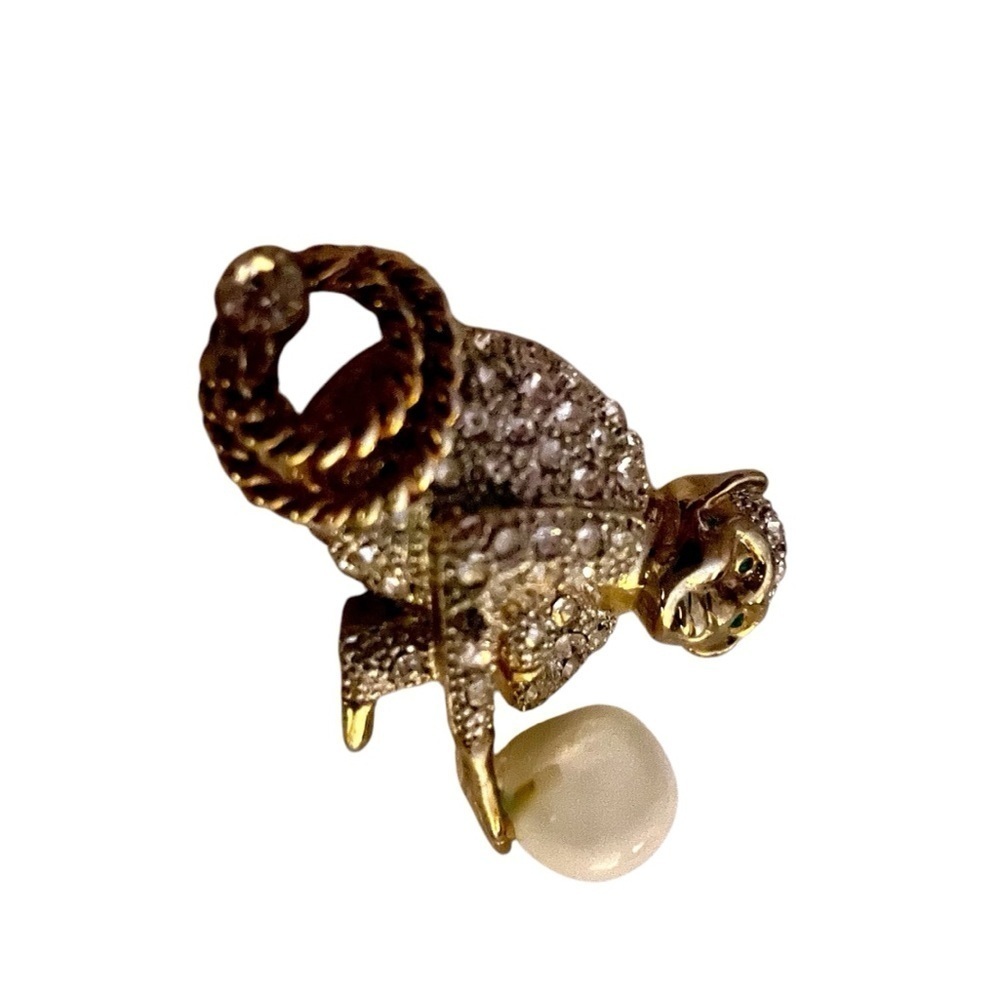 Vintage Brooch Rhinestone Monkey Holding a Large Faux Pearl Curled Tail